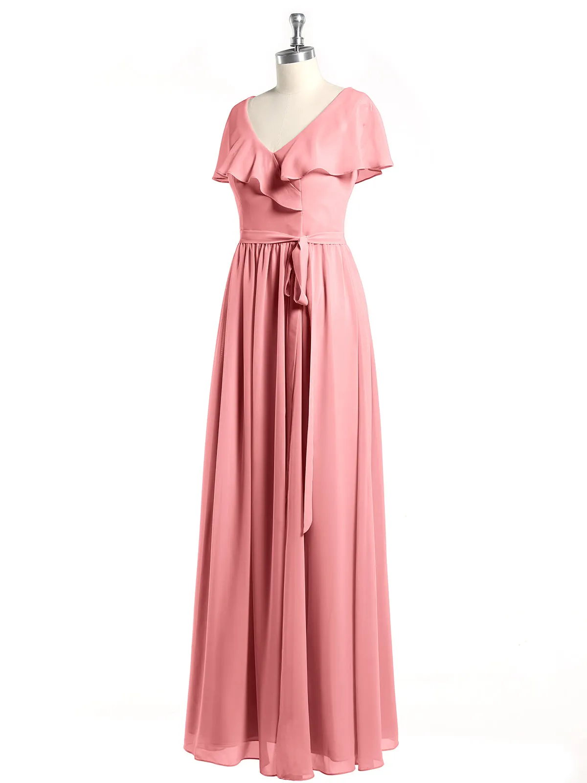 Cap Sleeves Long Chiffon Dresses with Slit-Flamingo