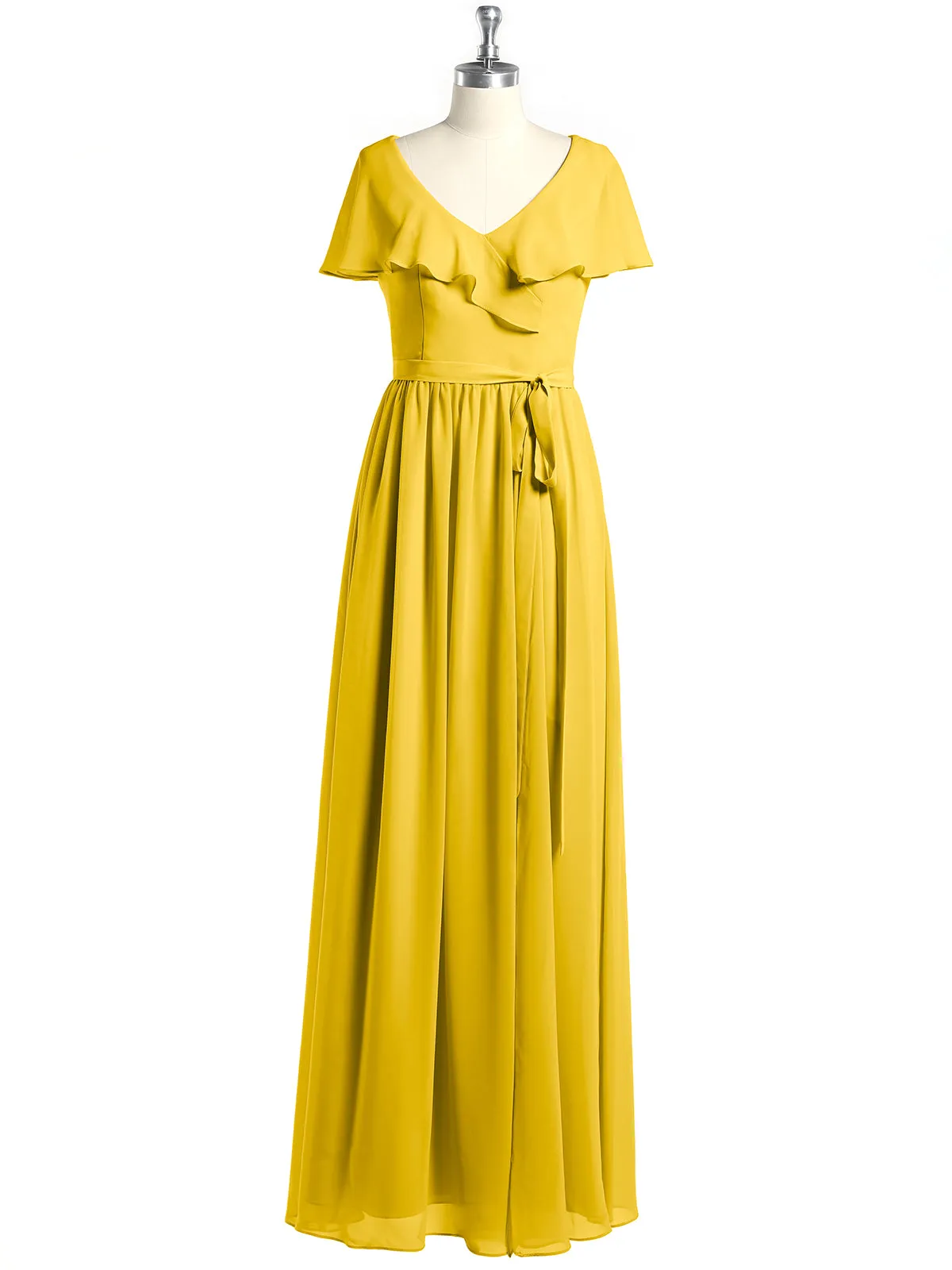Cap Sleeves Long Chiffon Dresses with Slit-Marigold Plus Size