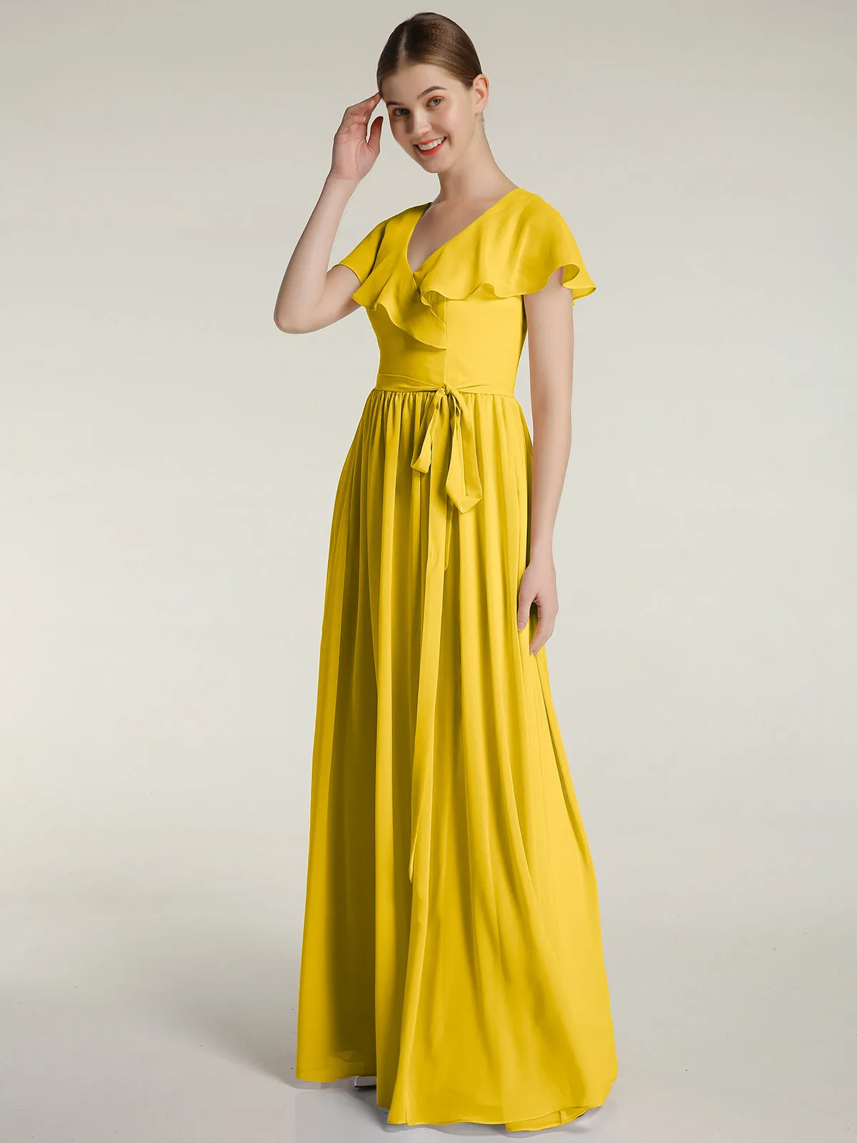 Cap Sleeves Long Chiffon Dresses with Slit-Marigold Plus Size