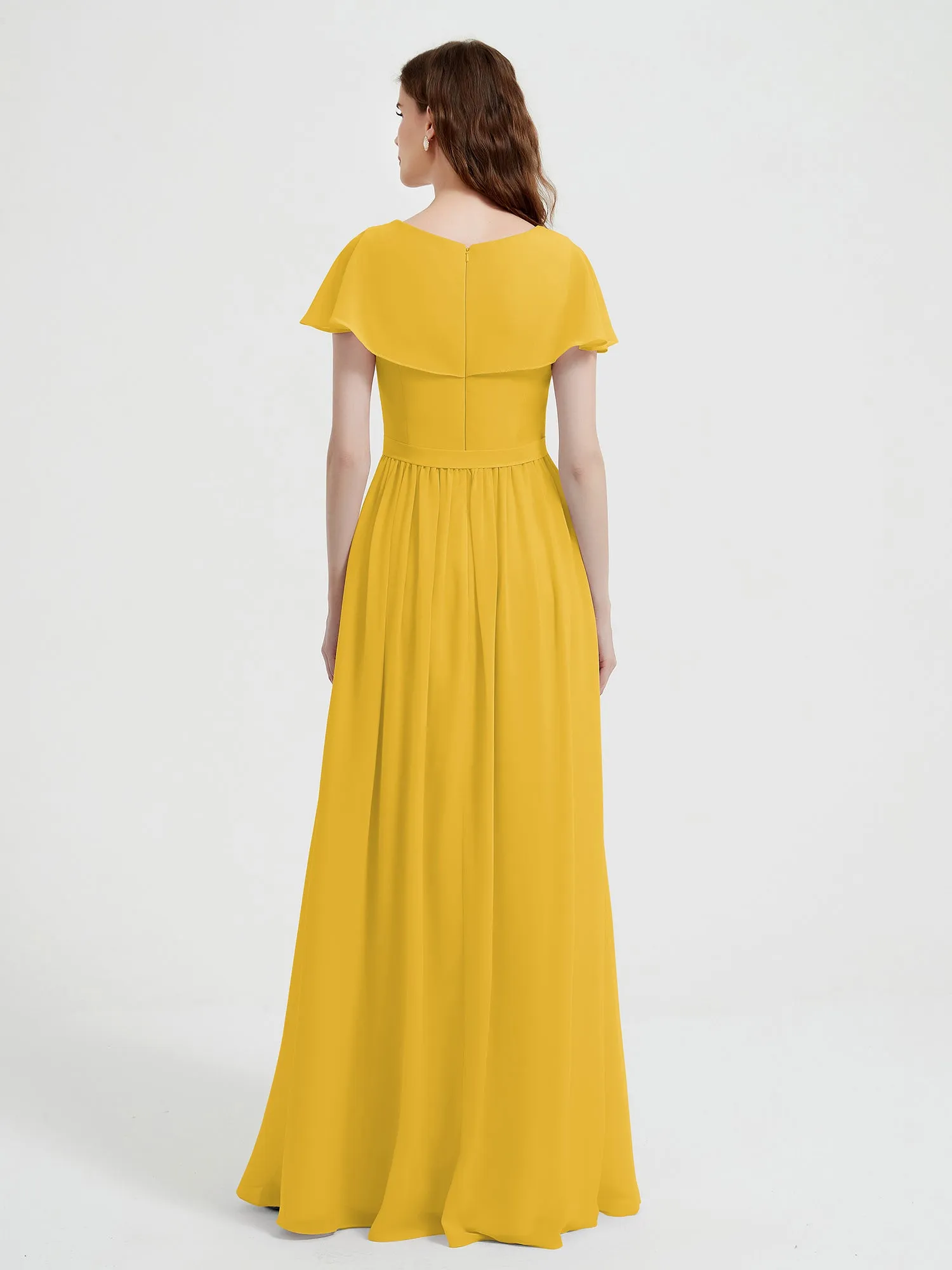Cap Sleeves Long Chiffon Dresses with Slit-Marigold Plus Size