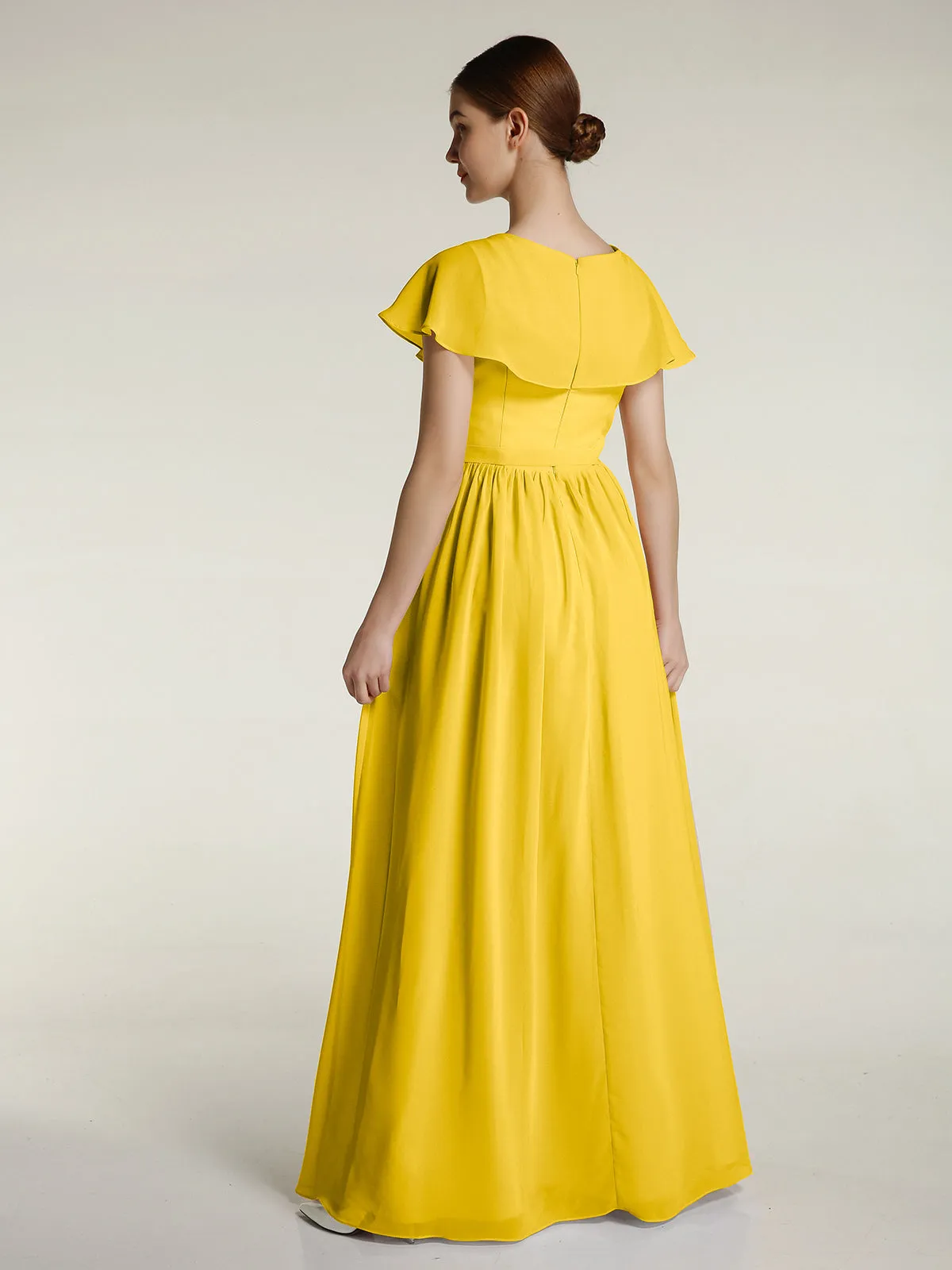 Cap Sleeves Long Chiffon Dresses with Slit-Marigold Plus Size