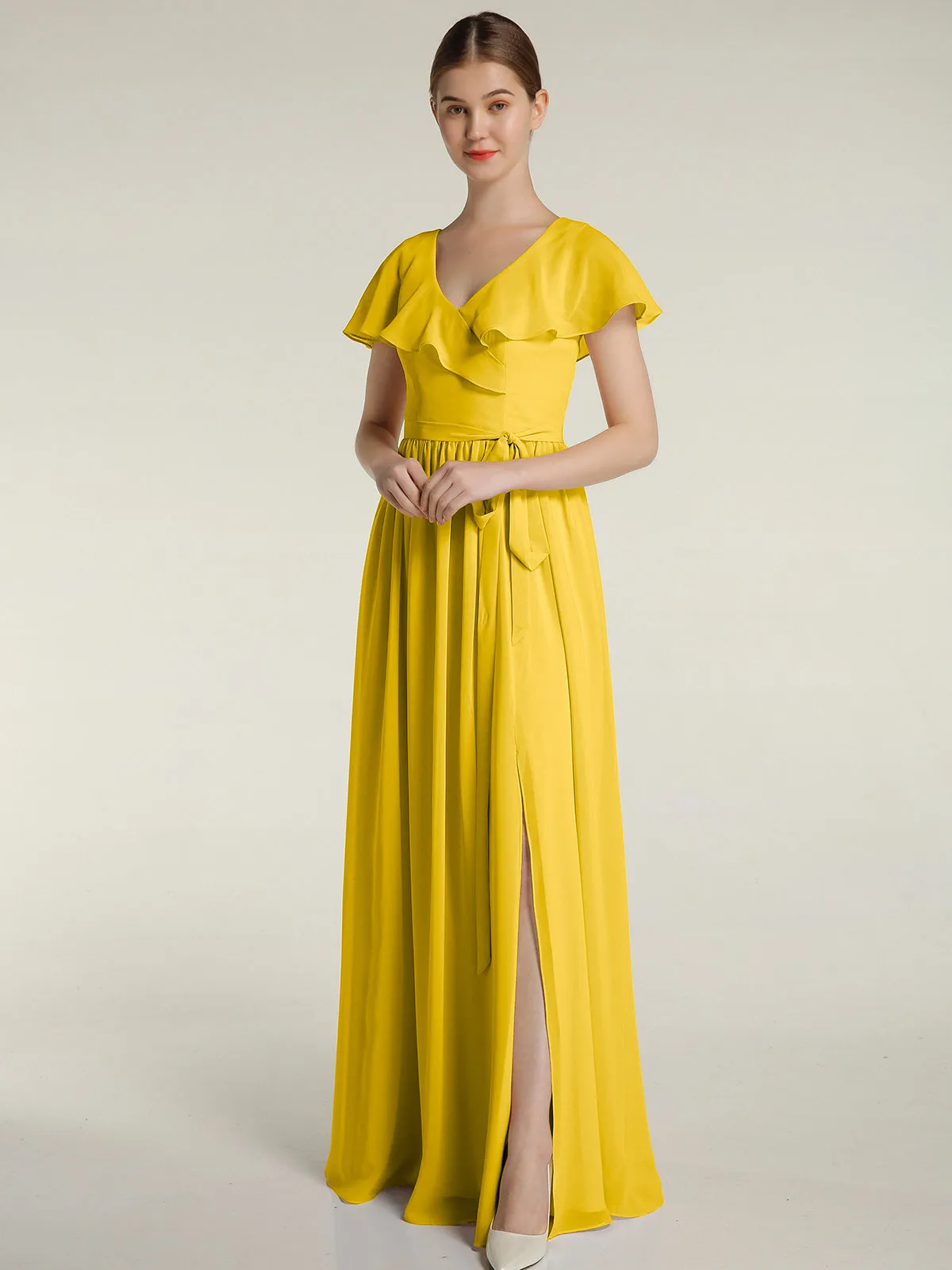 Cap Sleeves Long Chiffon Dresses with Slit-Marigold Plus Size