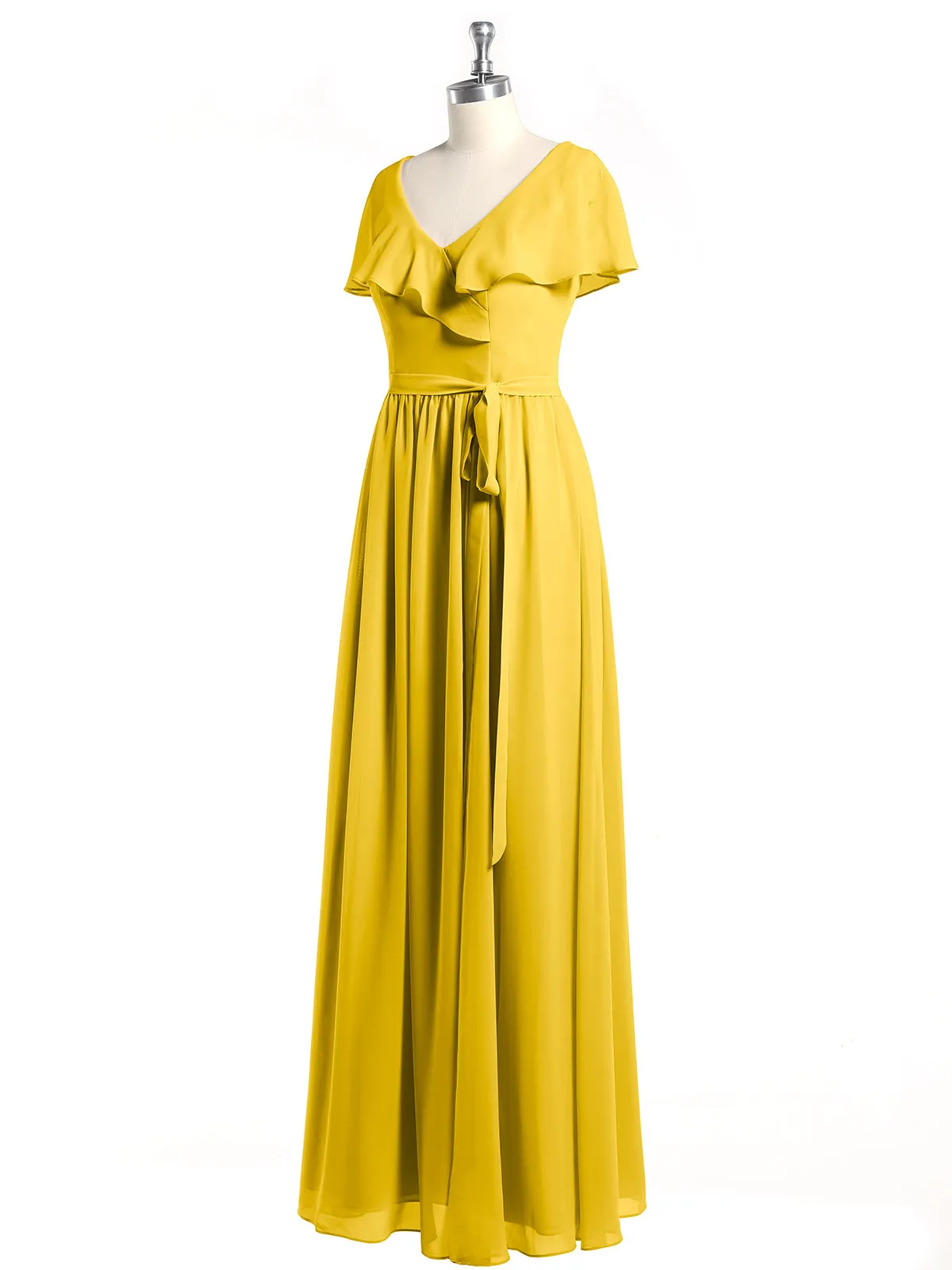 Cap Sleeves Long Chiffon Dresses with Slit-Marigold Plus Size