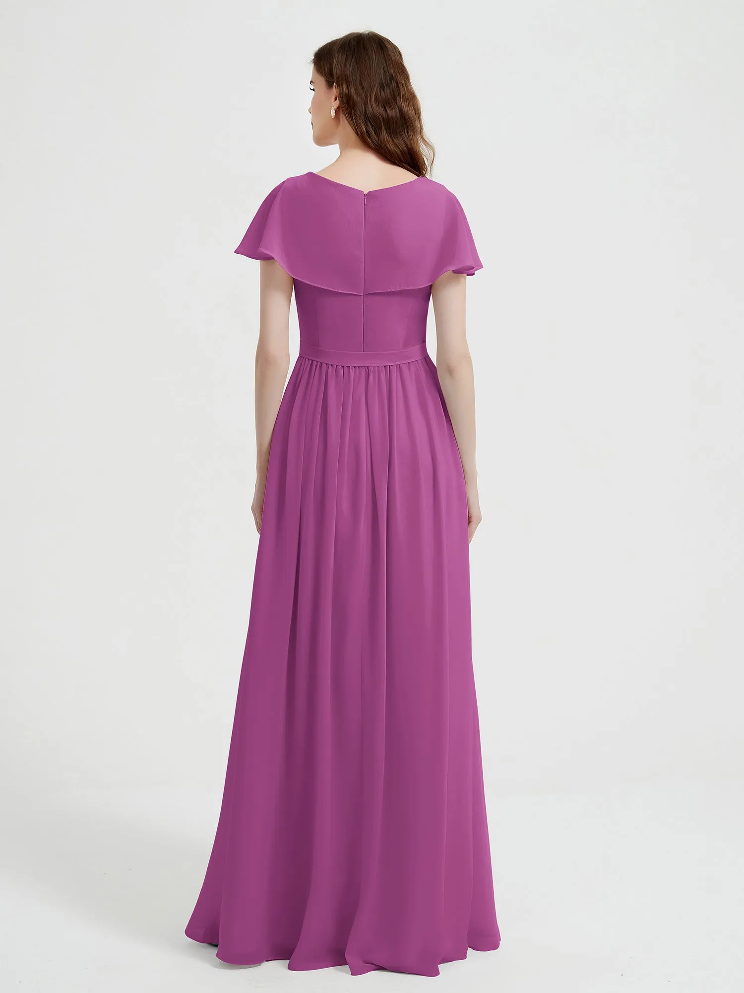 Cap Sleeves Long Chiffon Dresses with Slit-Orchid