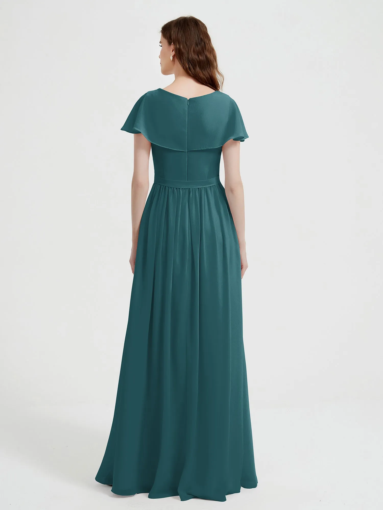 Cap Sleeves Long Chiffon Dresses with Slit-Peacock Plus Size