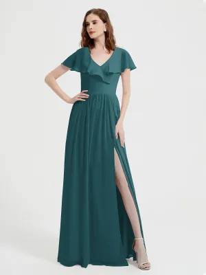 Cap Sleeves Long Chiffon Dresses with Slit-Peacock Plus Size