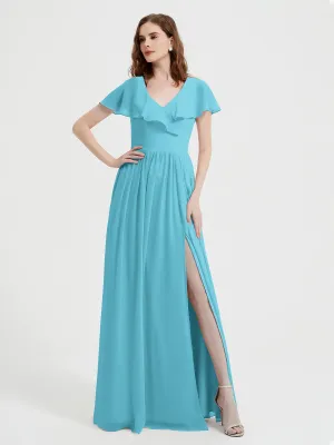 Cap Sleeves Long Chiffon Dresses with Slit-Pool