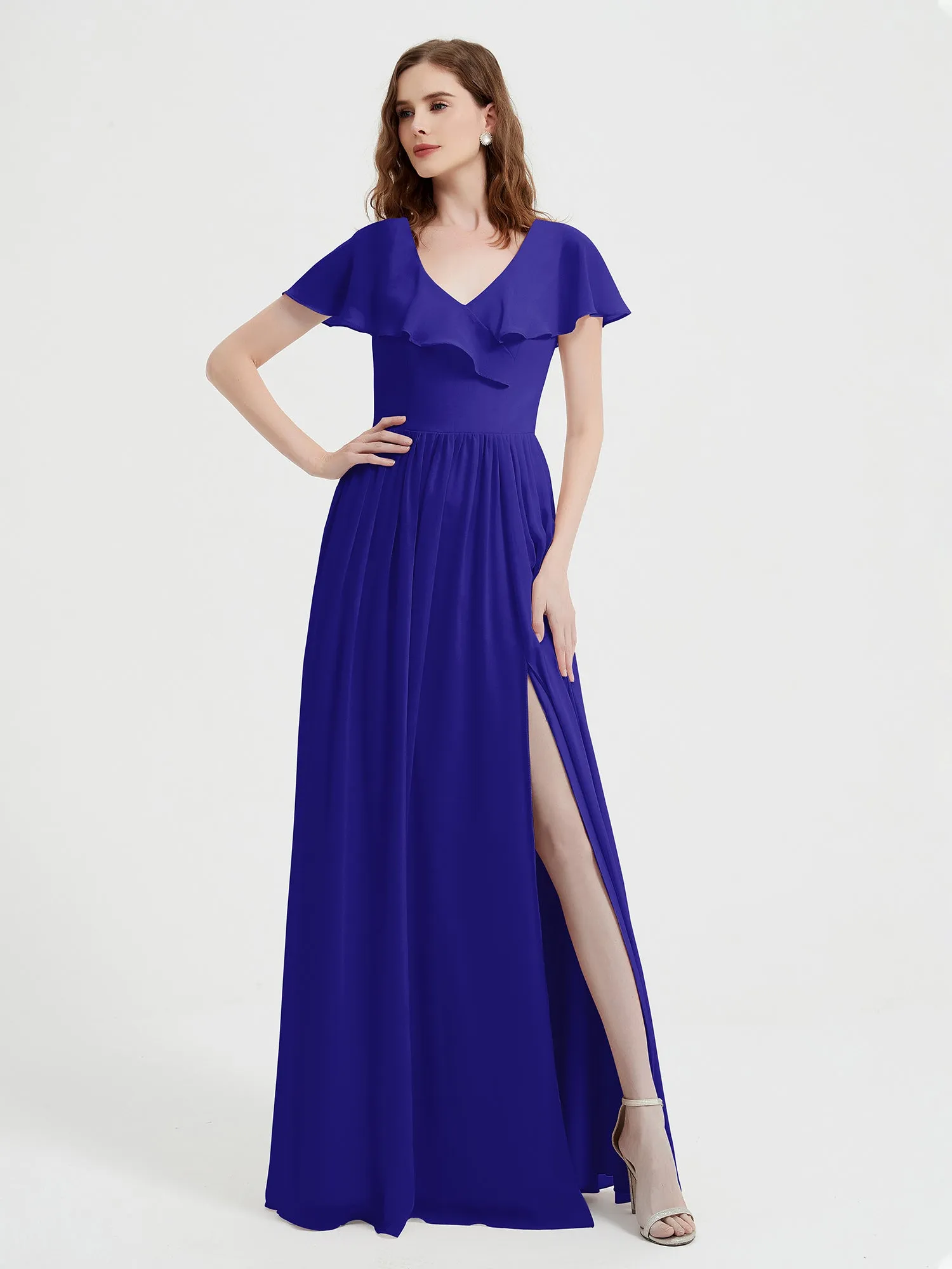 Cap Sleeves Long Chiffon Dresses with Slit-Royal Blue Plus Size