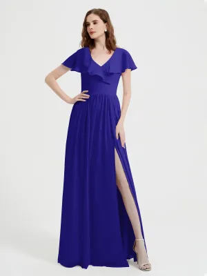 Cap Sleeves Long Chiffon Dresses with Slit-Royal Blue Plus Size
