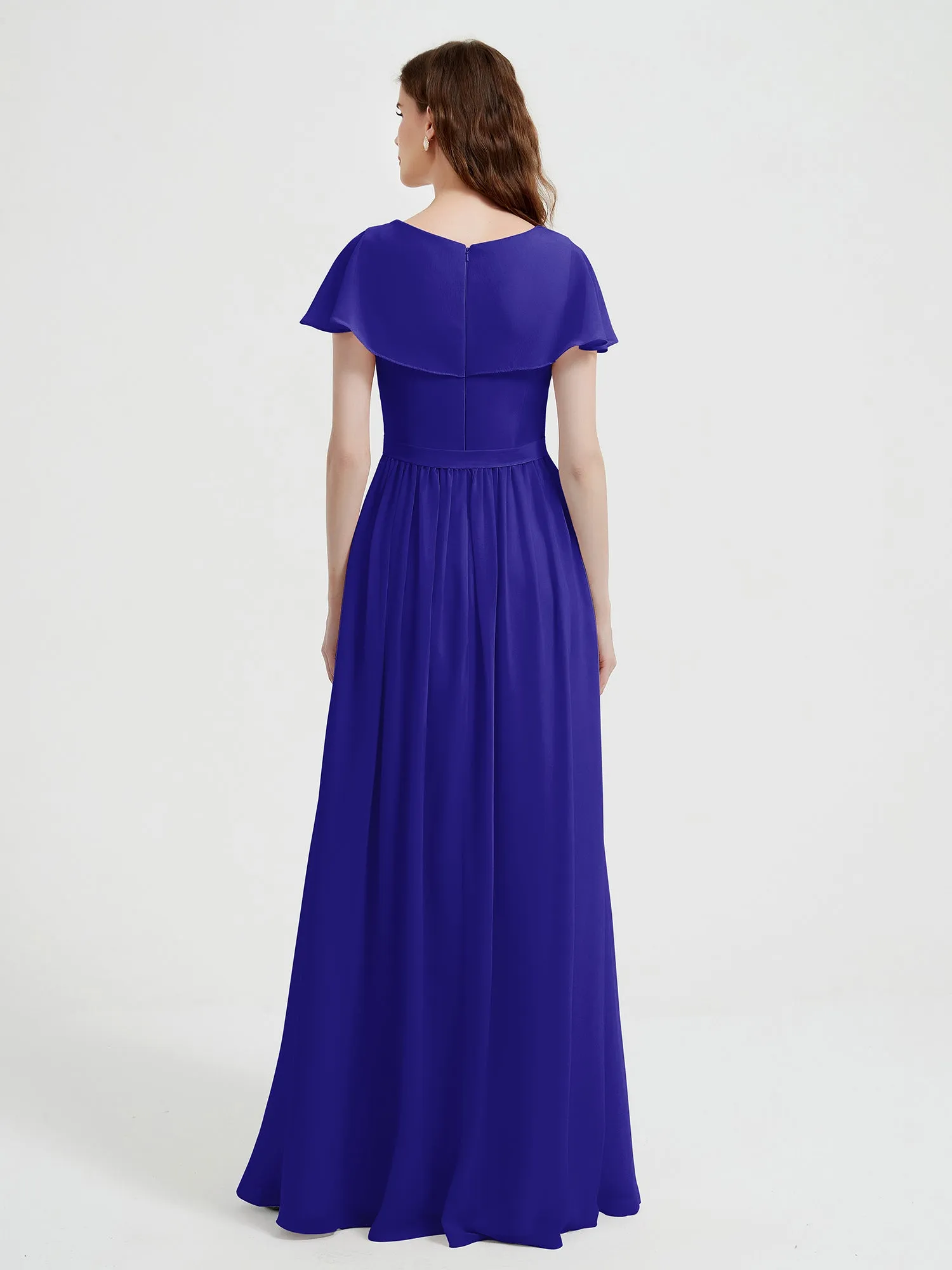Cap Sleeves Long Chiffon Dresses with Slit-Royal Blue