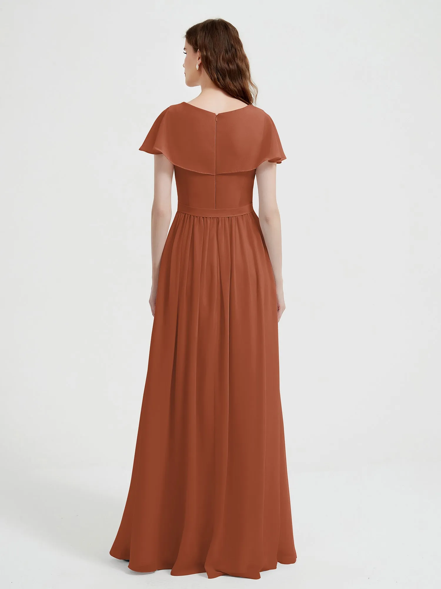 Cap Sleeves Long Chiffon Dresses with Slit-Rust Plus Size