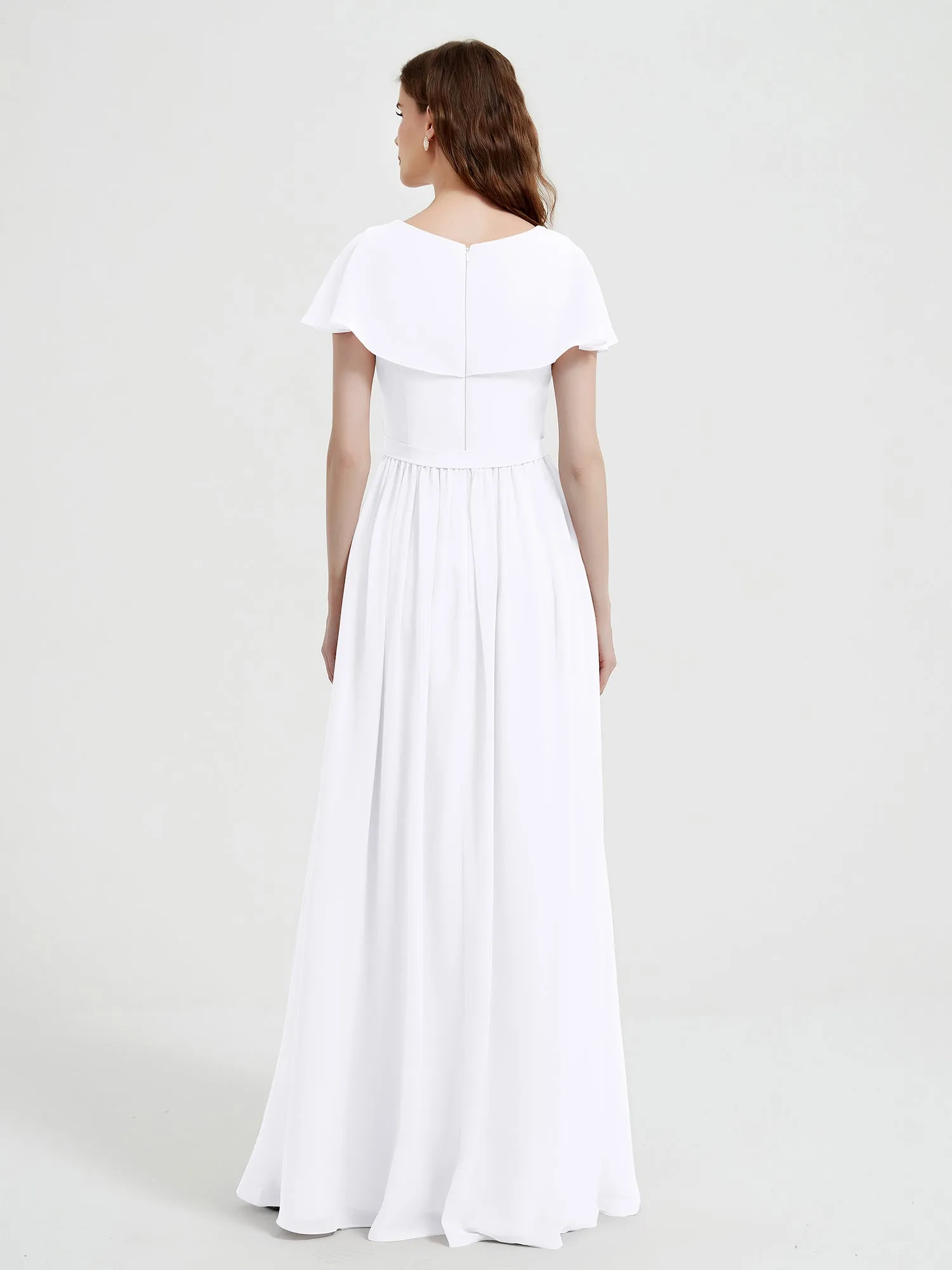 Cap Sleeves Long Chiffon Dresses with Slit-White