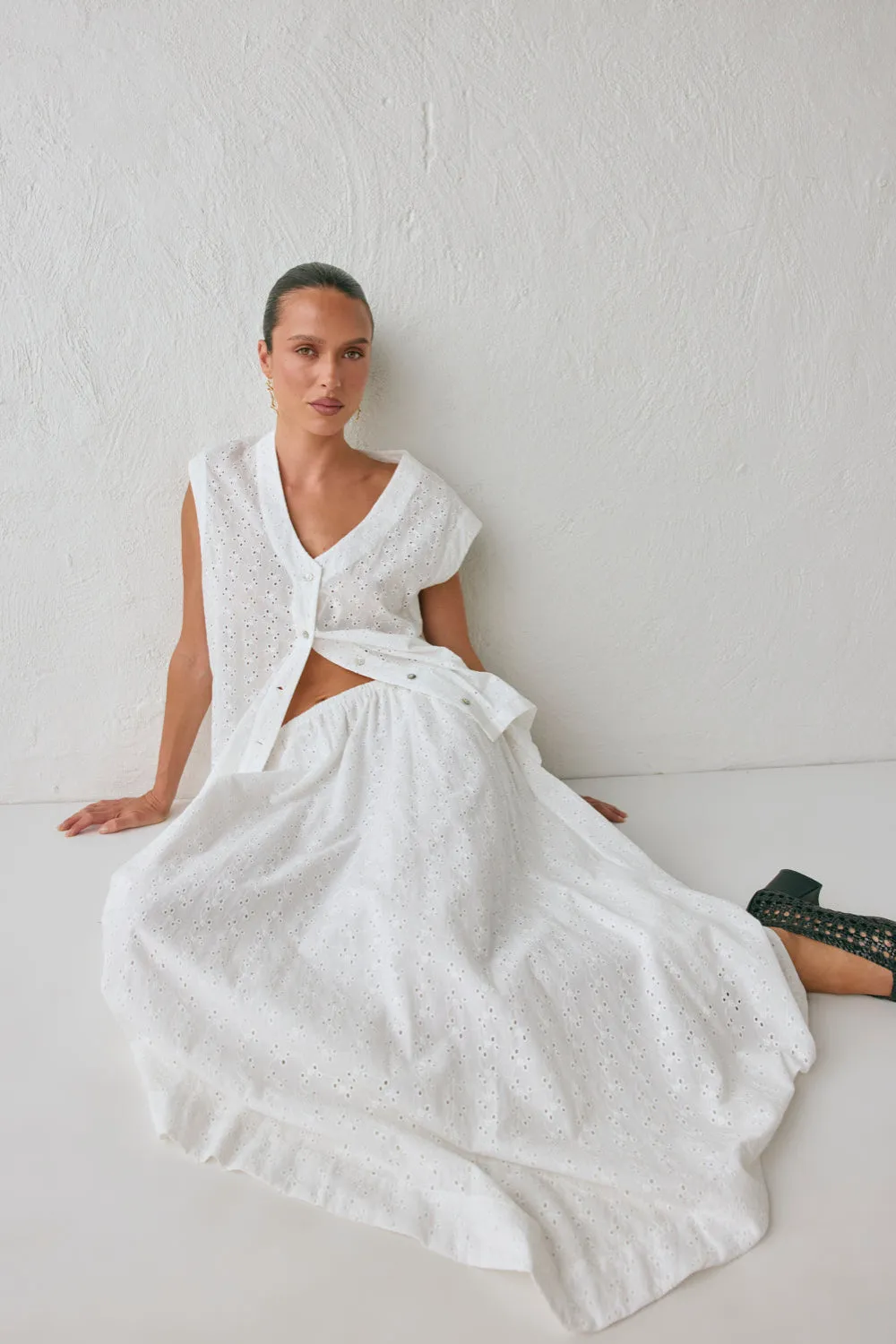 Carlota Anglaise Midi Skirt White