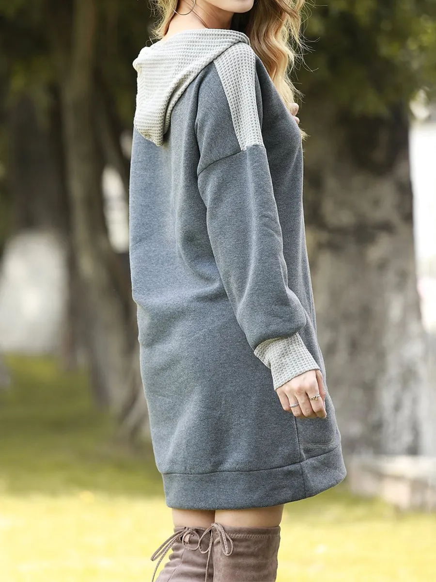 Casual Big Pocket Stitching Loose Hooded Sweater Dress