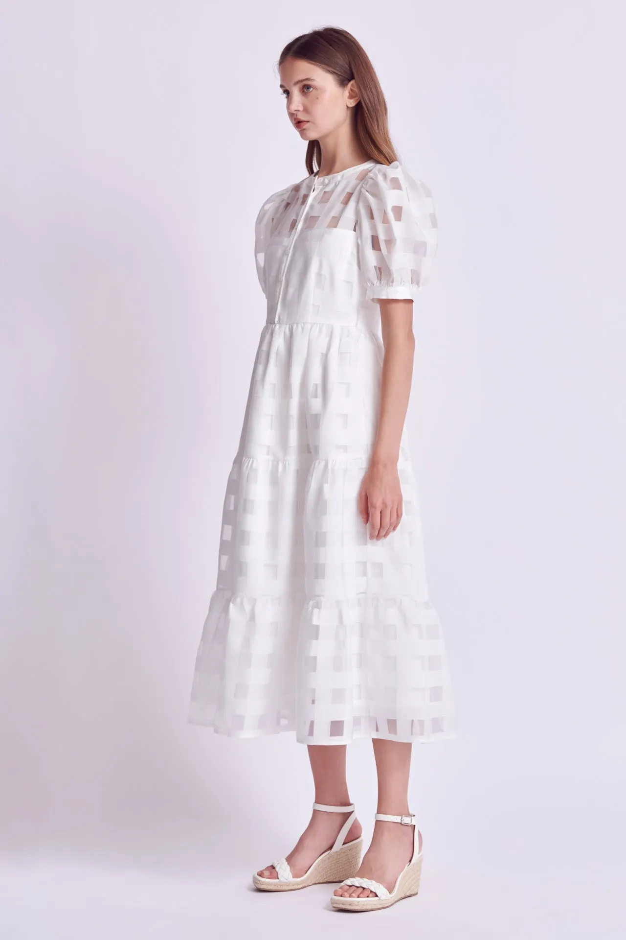 Check Puff Sleeve Midi Dress