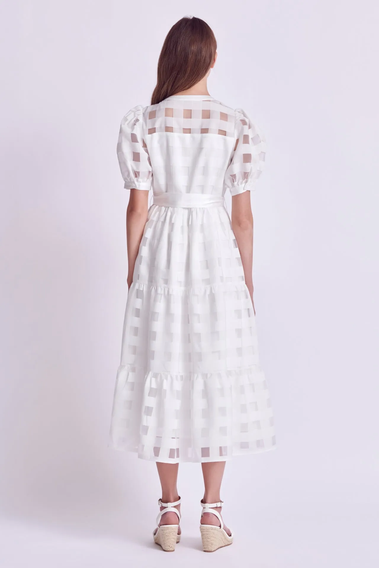 Check Puff Sleeve Midi Dress