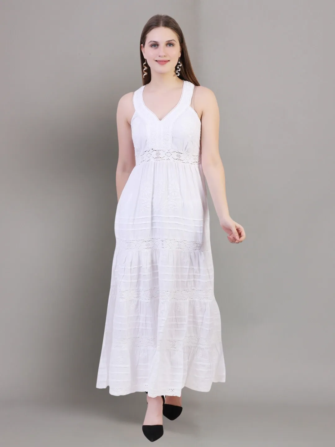 CHIKANKARI WOMEN HAND EMBROIDERED COTTON MAXI DRESS PC2740