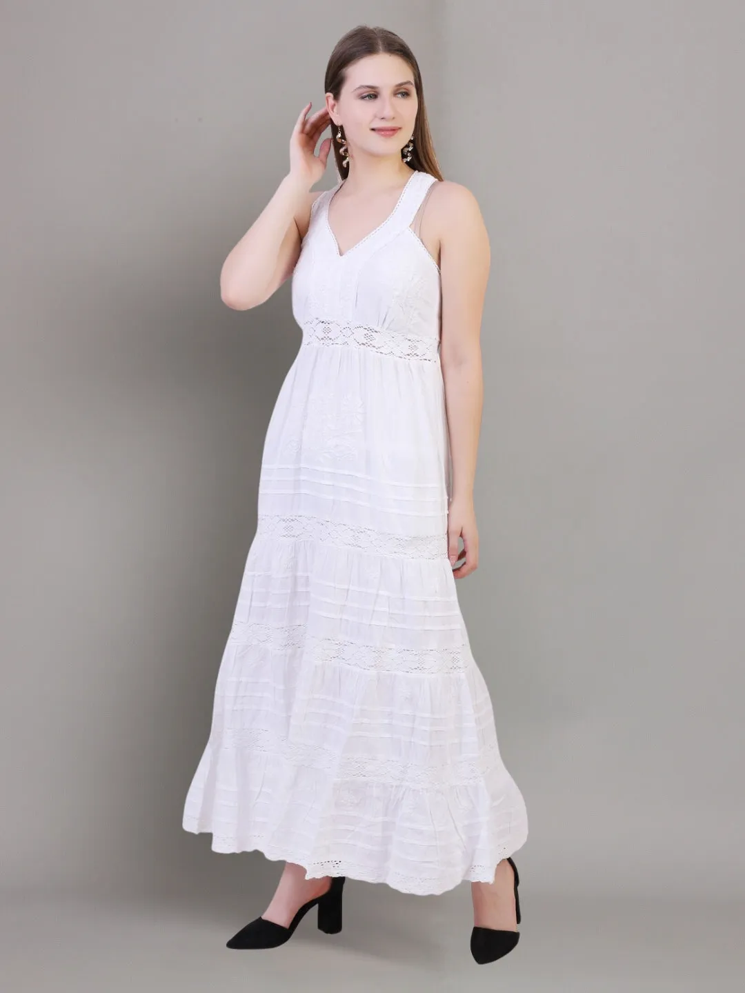 CHIKANKARI WOMEN HAND EMBROIDERED COTTON MAXI DRESS PC2740