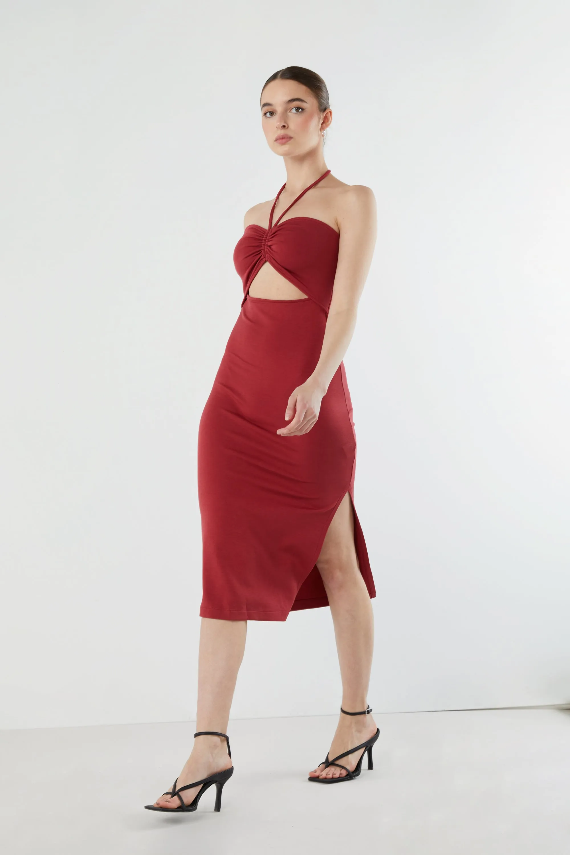 CUTOUT MIDI DRESS WITH HALTER TIES