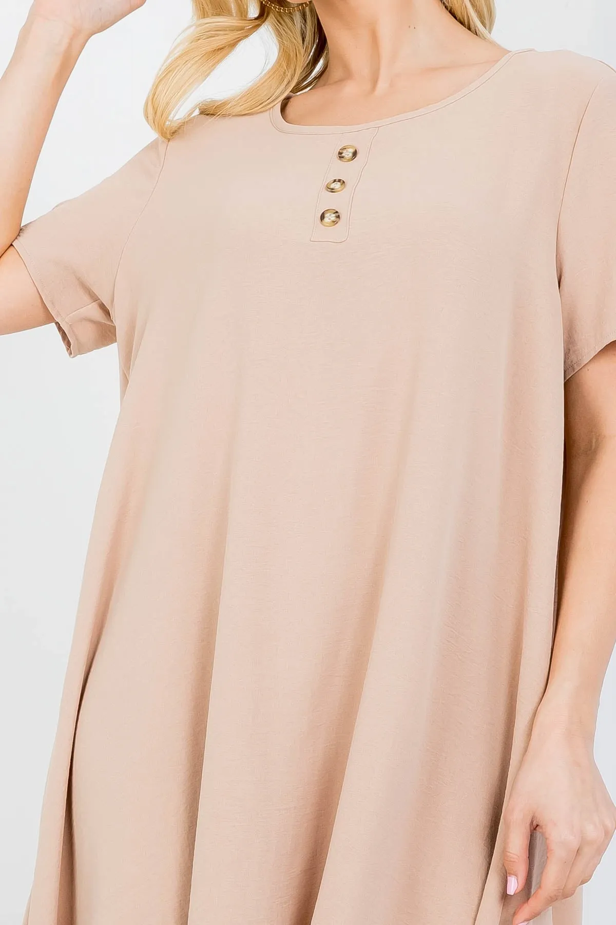DARK STONE SCOOPED NECKLINE WITH BUTTON RUFFLE DRESS