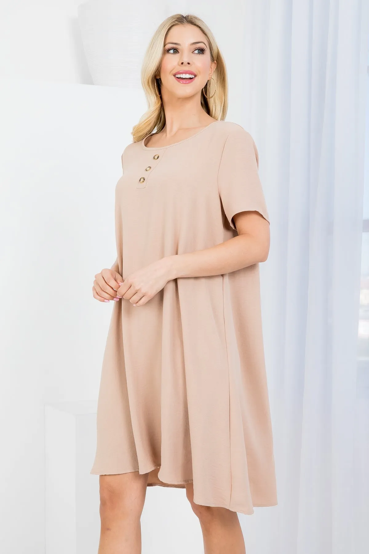 DARK STONE SCOOPED NECKLINE WITH BUTTON RUFFLE DRESS