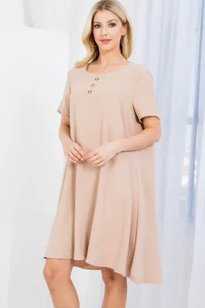 DARK STONE SCOOPED NECKLINE WITH BUTTON RUFFLE DRESS