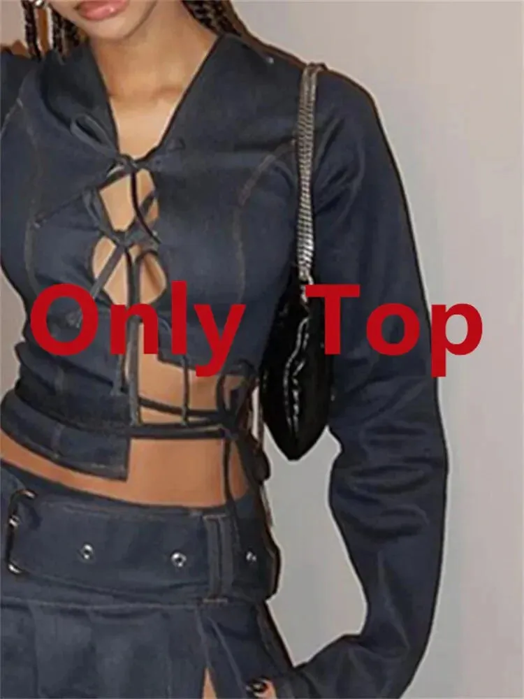 Denim Bow Tie-Up Crop Graceful Top And Slit Mini Skirt