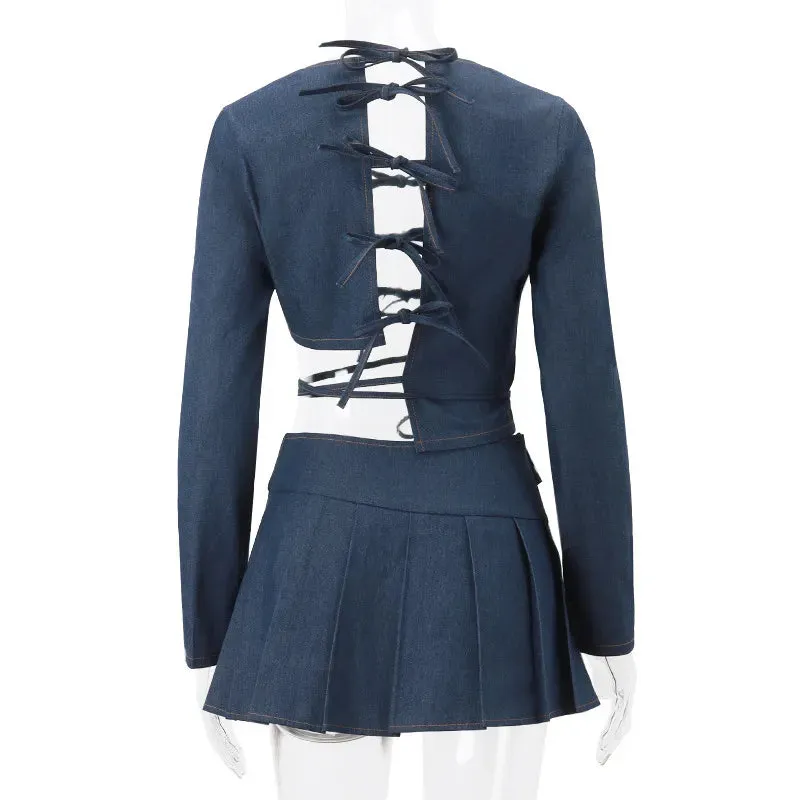 Denim Bow Tie-Up Crop Graceful Top And Slit Mini Skirt