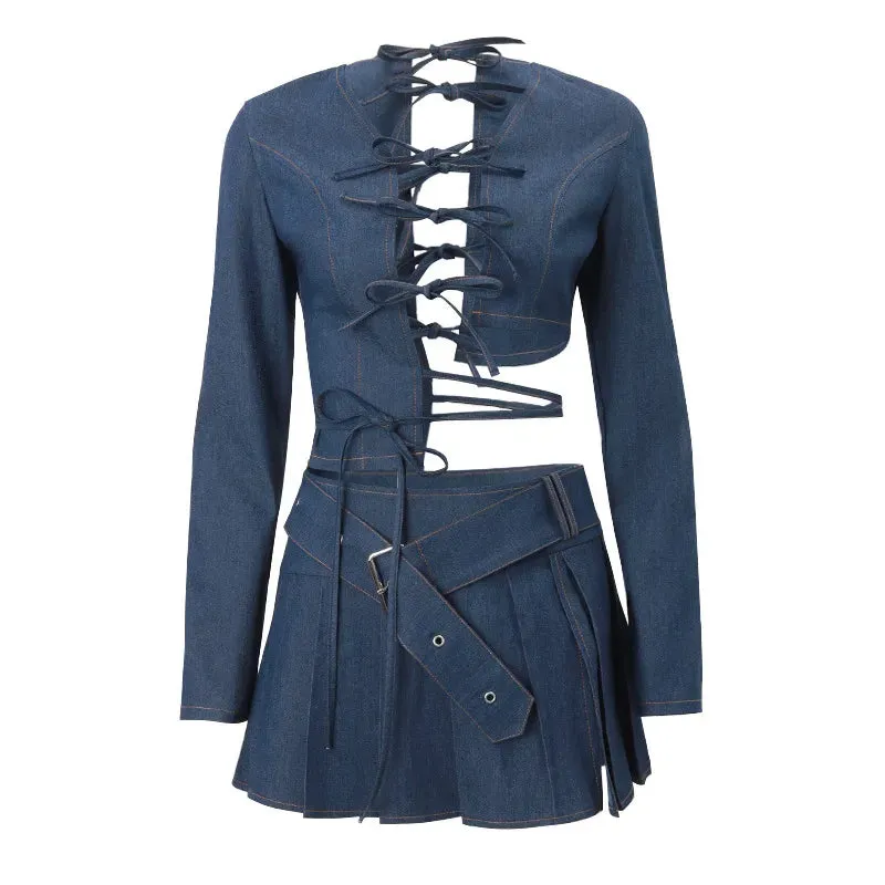 Denim Bow Tie-Up Crop Graceful Top And Slit Mini Skirt