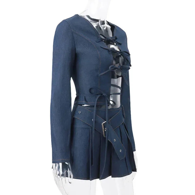 Denim Bow Tie-Up Crop Graceful Top And Slit Mini Skirt