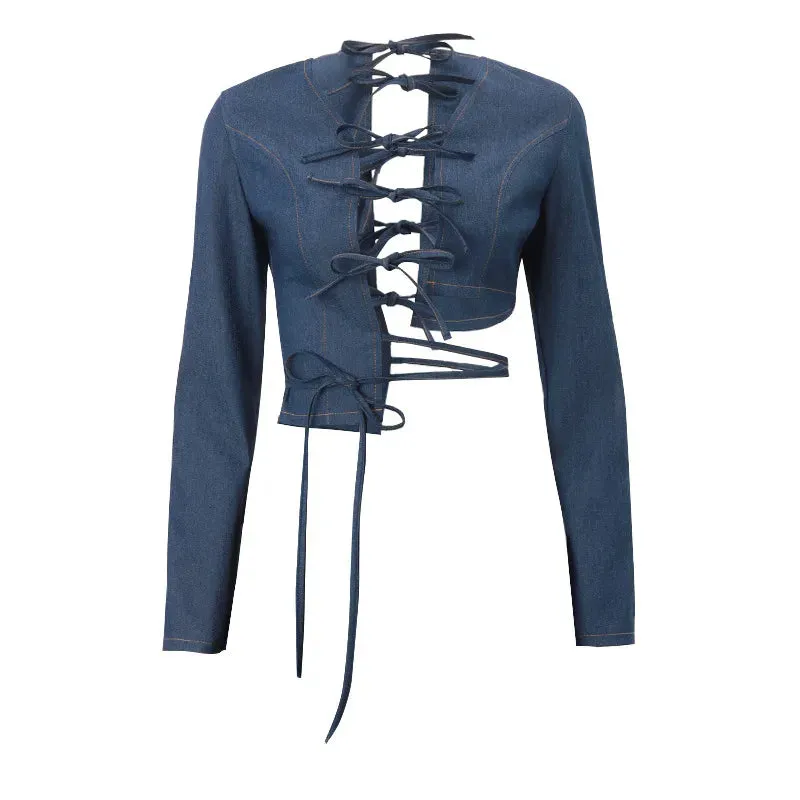 Denim Bow Tie-Up Crop Graceful Top And Slit Mini Skirt