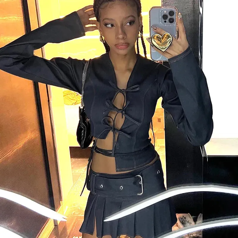 Denim Bow Tie-Up Crop Graceful Top And Slit Mini Skirt