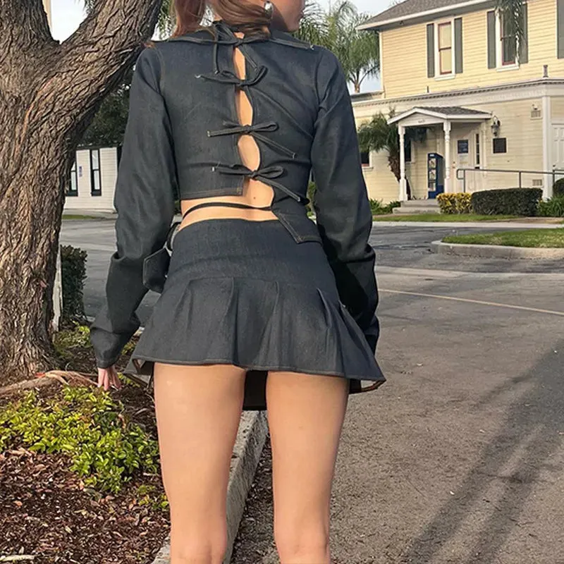 Denim Bow Tie-Up Crop Graceful Top And Slit Mini Skirt