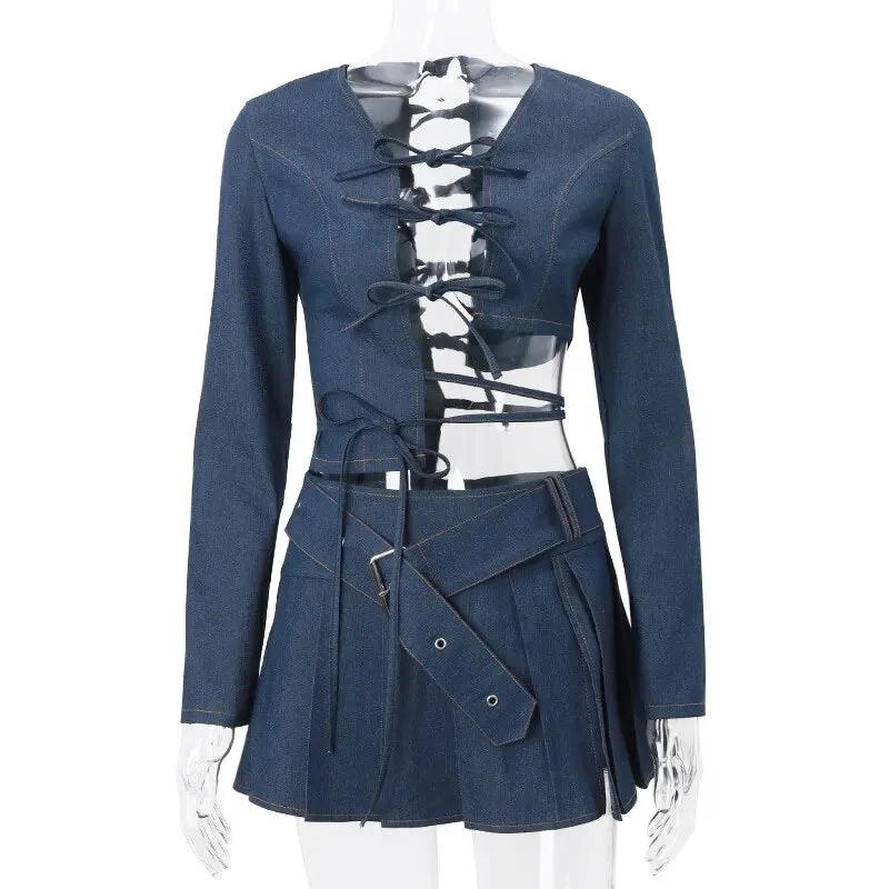 Denim Bow Tie-Up Crop Graceful Top And Slit Mini Skirt