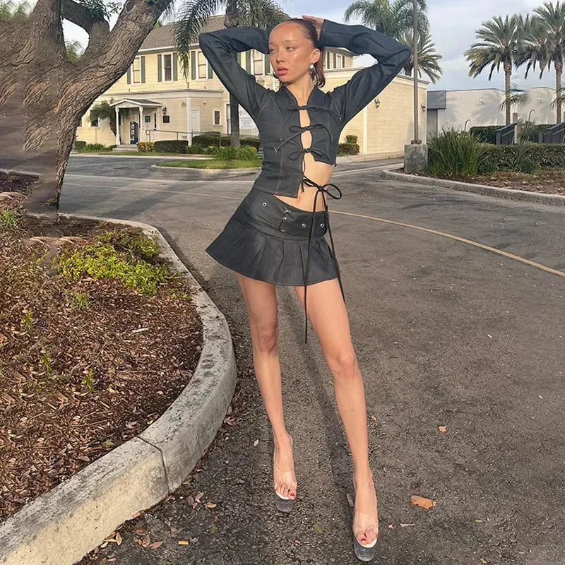Denim Bow Tie-Up Crop Graceful Top And Slit Mini Skirt