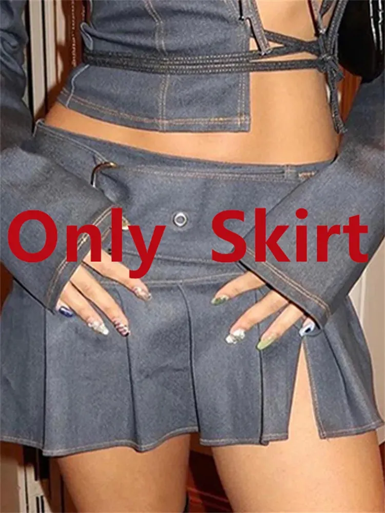 Denim Bow Tie-Up Crop Graceful Top And Slit Mini Skirt