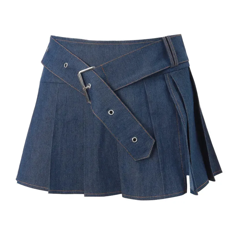 Denim Bow Tie-Up Crop Graceful Top And Slit Mini Skirt
