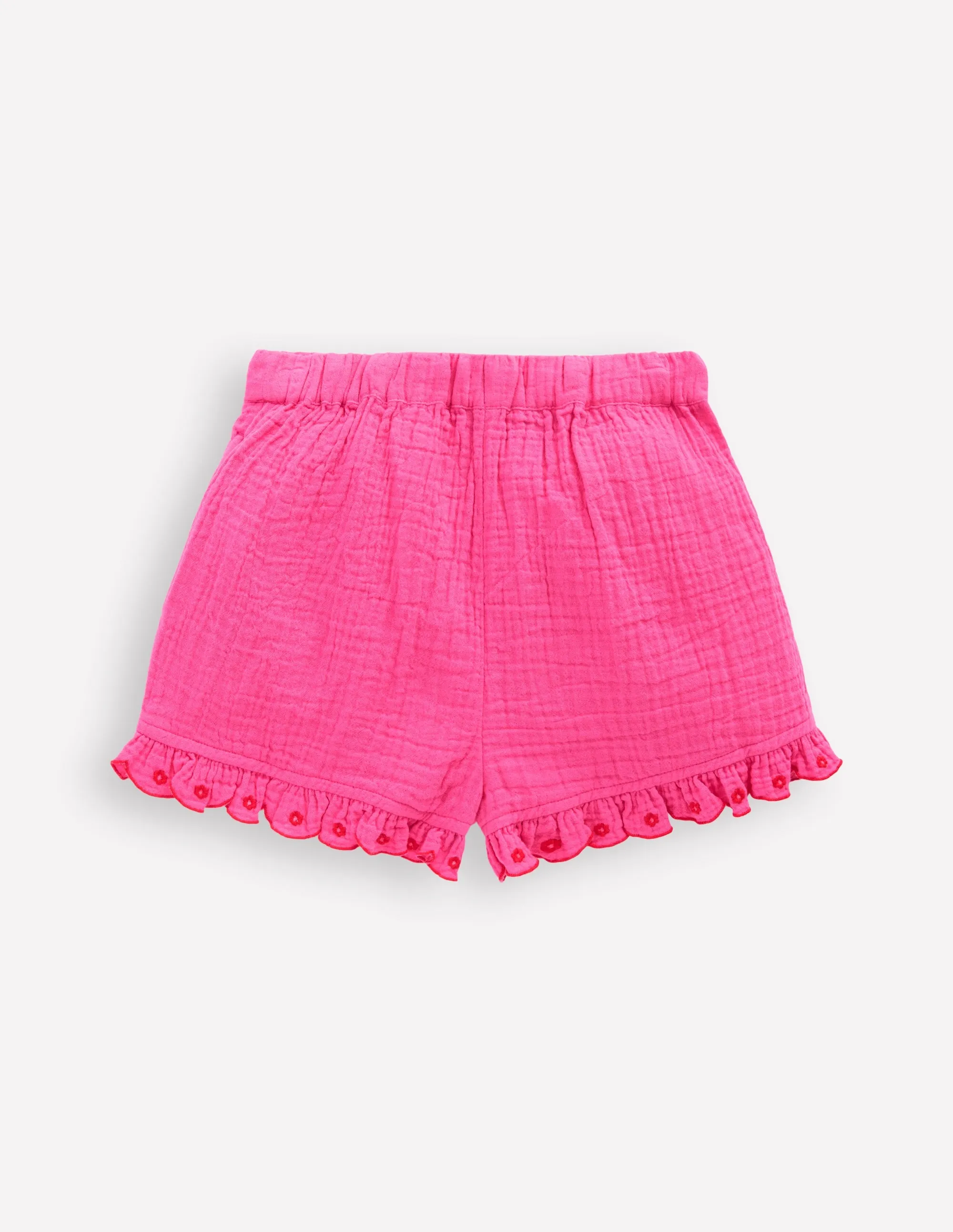 Double Cloth Frill Hem Shorts-Sorbet Pink Embroidered