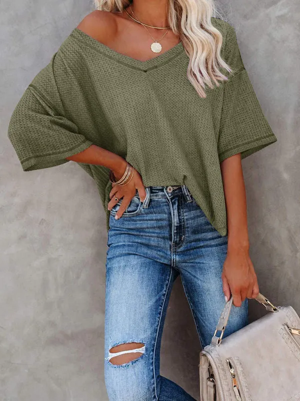 Effortless Elegance V-Neck Waffle Knit Dolman Sleeves T-Shirt