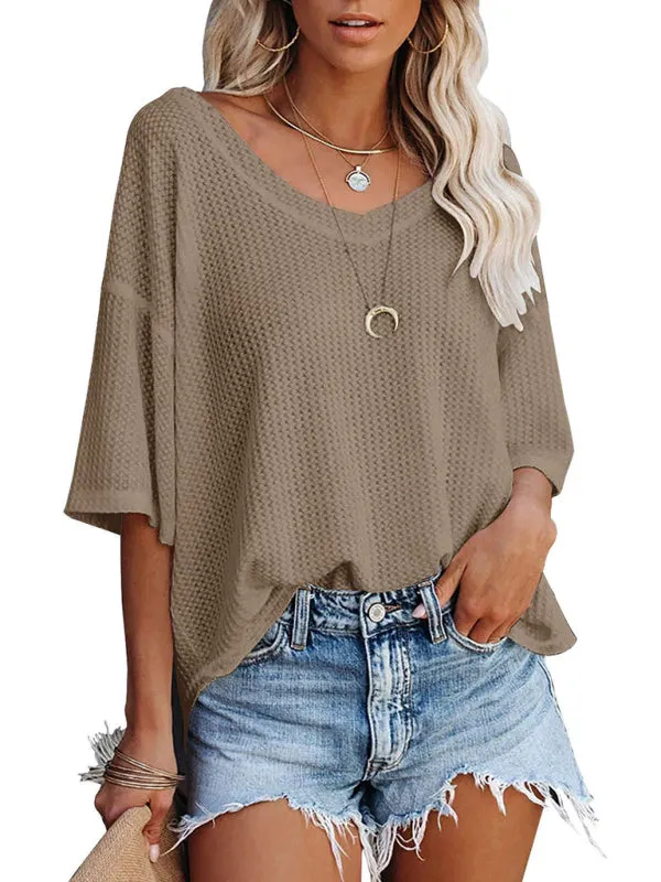 Effortless Elegance V-Neck Waffle Knit Dolman Sleeves T-Shirt