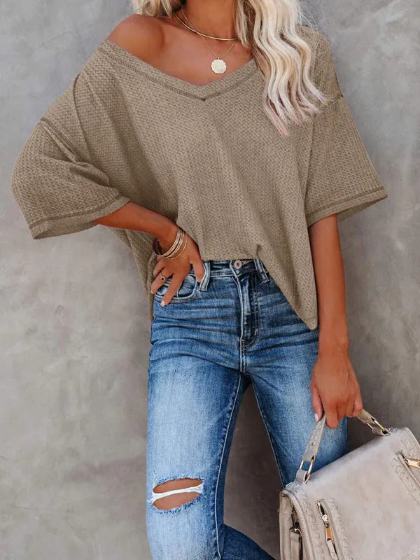 Effortless Elegance V-Neck Waffle Knit Dolman Sleeves T-Shirt