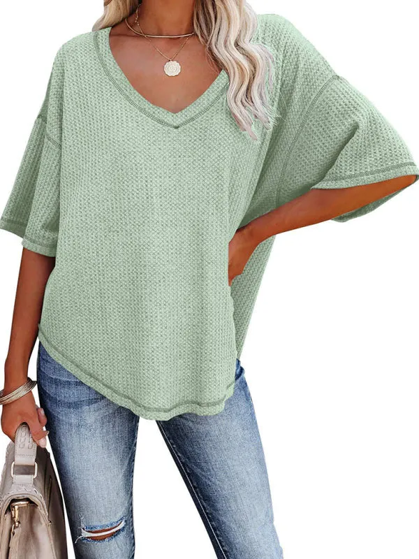 Effortless Elegance V-Neck Waffle Knit Dolman Sleeves T-Shirt