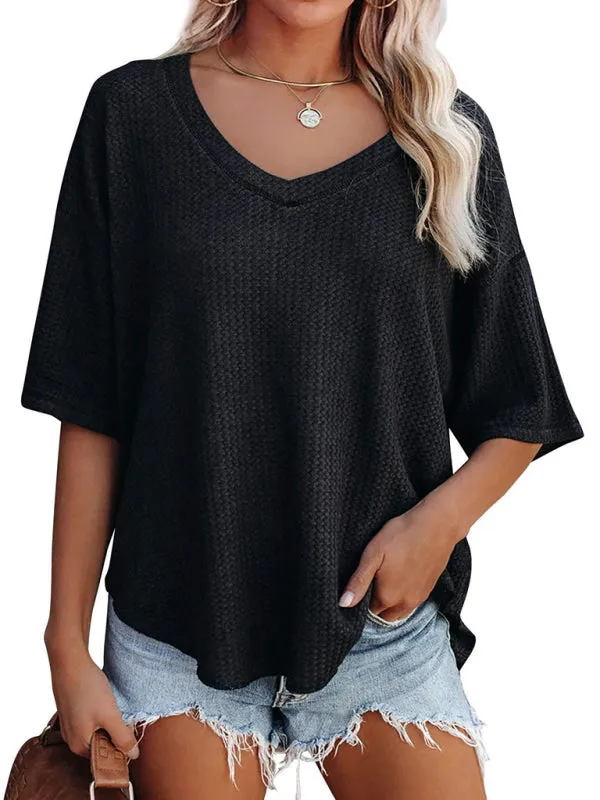 Effortless Elegance V-Neck Waffle Knit Dolman Sleeves T-Shirt