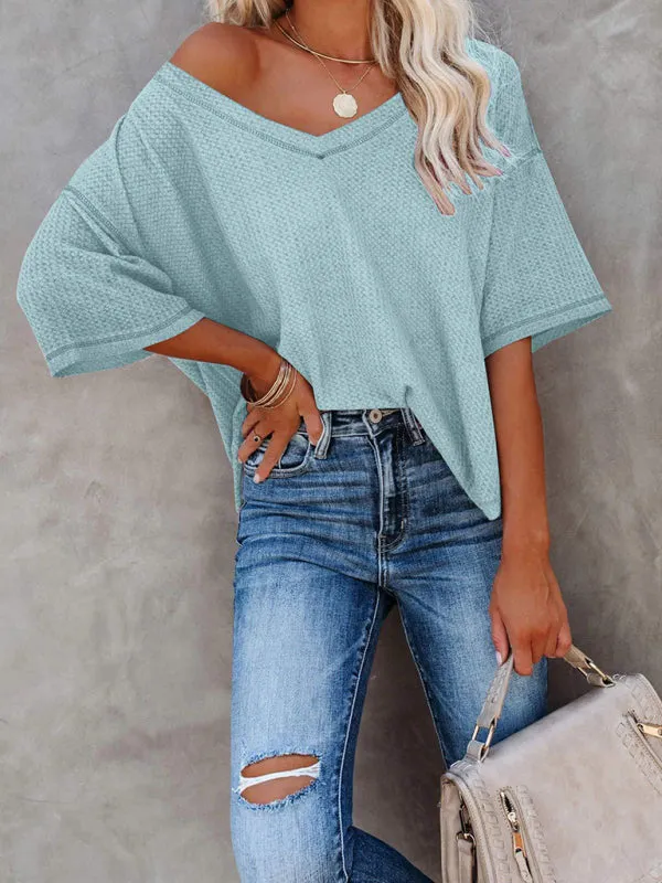 Effortless Elegance V-Neck Waffle Knit Dolman Sleeves T-Shirt