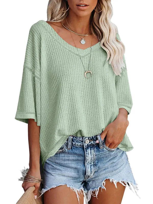 Effortless Elegance V-Neck Waffle Knit Dolman Sleeves T-Shirt