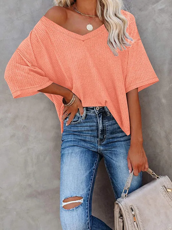 Effortless Elegance V-Neck Waffle Knit Dolman Sleeves T-Shirt