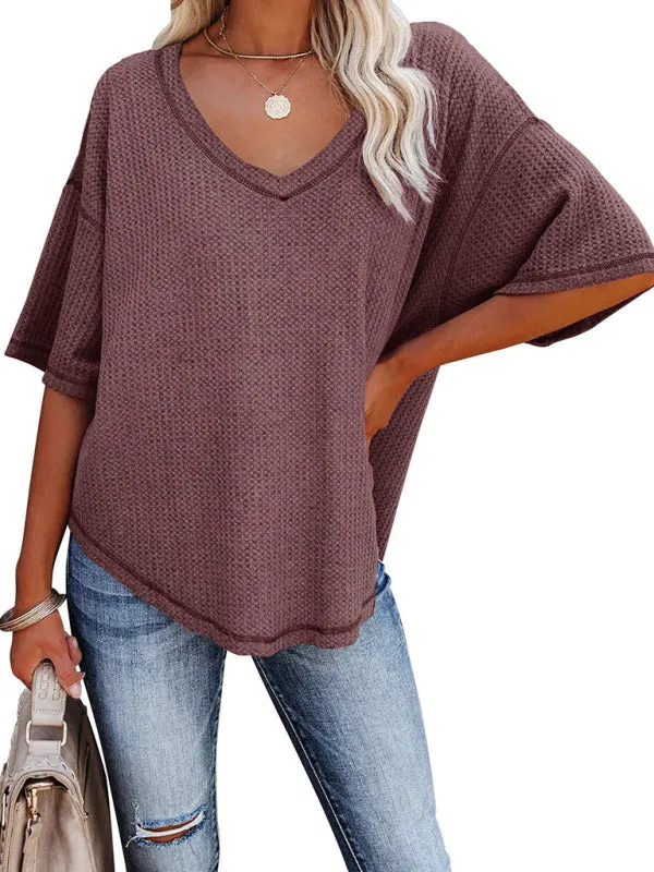 Effortless Elegance V-Neck Waffle Knit Dolman Sleeves T-Shirt