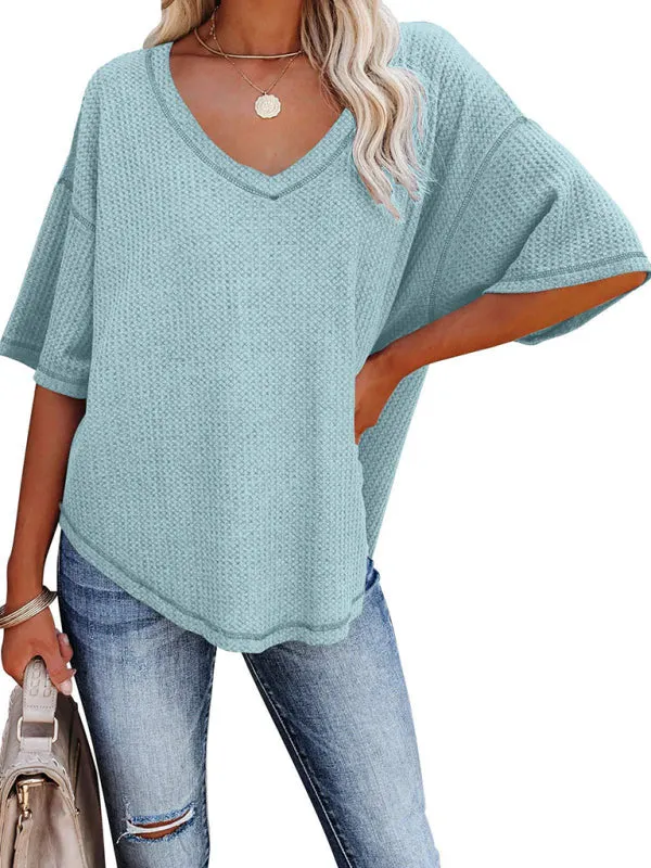 Effortless Elegance V-Neck Waffle Knit Dolman Sleeves T-Shirt