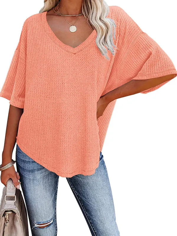 Effortless Elegance V-Neck Waffle Knit Dolman Sleeves T-Shirt