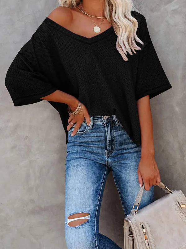 Effortless Elegance V-Neck Waffle Knit Dolman Sleeves T-Shirt